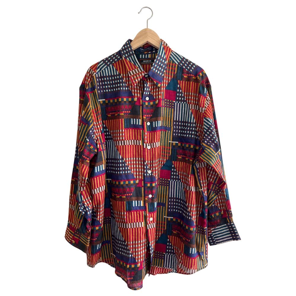 VINTAGE | Marcus by Neiman Marcus Linen Blend Abstract Pattern Button-Down Shirt